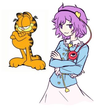 1boy 1girl :3 black_hairband blue_shirt cat crossed_arms duskworks_ura garfield garfield_(character) hairband hashtag-only_commentary heart komeiji_satori long_sleeves lowres purple_eyes shirt simple_background skirt third_eye touhou white_background