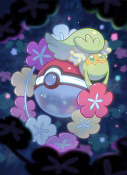 b2b_beetoboo closed_mouth comfey flower flower_necklace gen_7_pokemon green_eyes jewelry lei necklace nintendo no_humans poke_ball poke_ball_(basic) pokemon pokemon_(creature) pokemon_focus smile solo