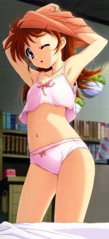 1girl absurdres armpits arms_up bare_shoulders bed_sheet blue_eyes blush book bookshelf bow bow_camisole bow_panties breasts brown_hair camisole child collarbone female_focus flat_chest hair_down highres indoors legs lingerie loli long_hair looking_back lyrical_nanoha mahou_shoujo_lyrical_nanoha megami_magazine midriff navel nyantype official_art okuda_yasuhiro one_eye_closed open_mouth panties pedophile pink_bow pink_camisole pink_panties print_camisole print_panties scan sexually_suggestive sleeveless small_breasts solo solo_focus stomach takamachi_nanoha thighs third-party_edit underwear underwear_only undressing