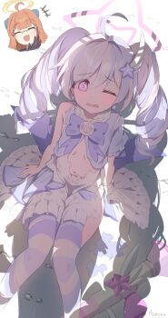 2girls absurdres black_gloves blue_archive blush bow bowtie closed_eyes collar defeat dot_nose dress drill_hair earrings flat_chest frilled_collar frilled_sleeves frills glasses gloves green_halo hair_between_eyes hair_ornament halo highres jewelry loli long_hair multicolored_hair multiple_girls official_alternate_costume official_alternate_hairstyle ojou-sama_pose on_ground open_mouth orange_hair purple_bow purple_bowtie purple_hair purple_halo purple_thighhighs reisa_(blue_archive) reisa_(magical)_(blue_archive) shimiko_(blue_archive) shimiko_(magical)_(blue_archive) short_sleeves sidelocks simple_background single_bare_shoulder single_glove single_sleeve skirt star_(symbol) star_earrings star_hair_ornament star_halo striped_clothes striped_thighhighs thighhighs thighs tokcha torn_clothes torn_dress torn_skirt torn_sleeves torn_thighhighs twin_drills two-tone_hair very_long_hair white_background white_gloves white_hair wing_hair_ornament yellow_halo