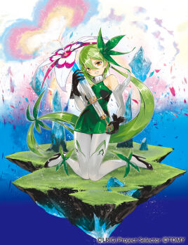 1girl black_gloves black_shoes closed_mouth copyright_notice dress floating_island flower gloves green_dress green_hair hair_flower hair_ornament high_heels highres holding holding_flower long_hair looking_at_viewer mel_(wixoss) official_art pantyhose red_eyes shoes sleeveless sleeveless_dress smile solo tokiti very_long_hair white_pantyhose wixoss