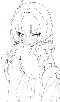 1girl blue_archive blush jacket looking_at_viewer monochrome shirt skirt solo t-shirt twintails twitter ximgyeon yoshimi_(band)_(blue_archive) yoshimi_(blue_archive)