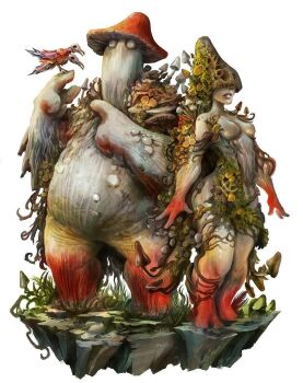 1girl 1other alexandre_chaudret blank_eyes breasts colored_skin covered_eyes fat fat_man full_body medium_breasts monster_girl moss multiple_heads mushroom mushroom_girl original platform simple_background white_background white_skin