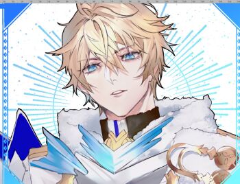 Rule 34 | 1boy, ahoge, armor, black sweater, blonde hair, blue eyes, fur-trimmed jacket, fur trim, gepard landau, gold trim, hair between eyes, honkai: star rail, honkai (series), jacket, lips, looking at viewer, male focus, medal, musical note, pvc parfait, short hair, shoulder armor, solo, sunburst, sunburst background, sweater, teeth, turtleneck, turtleneck sweater, unfinished, upper body, white background, white jacket