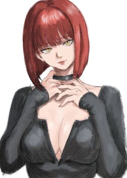 1girl absurdres alternate_costume alternate_hairstyle black_choker black_dress breasts chainsaw_man choker closed_mouth dress eddenikki highres large_breasts looking_at_viewer makima_(chainsaw_man) medium_hair red_hair ringed_eyes simple_background solo white_background yellow_eyes