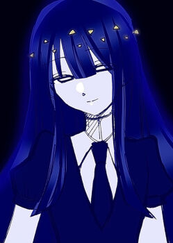 1other androgynous black_background black_eyes black_necktie black_vest blue_hair closed_mouth collared_shirt commentary_request cropped_torso fugashiramune gem_uniform_(houseki_no_kuni) half-closed_eyes houseki_no_kuni lapis_lazuli_(houseki_no_kuni) light_smile long_hair looking_down necktie other_focus puffy_sleeves shirt solo upper_body vest white_shirt