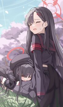 2girls absurdres asymmetrical_bangs beret black_gloves black_hair black_serafuku black_socks black_wings blue_archive blush gloves hair_ornament hair_over_eyes hairclip halo hat highres ichika_(blue_archive) justice_task_force_member_(blue_archive) long_hair long_sleeves looking_at_viewer lying multiple_girls on_stomach open_mouth reaching reaching_towards_viewer red_eyes red_halo sailor_collar school_uniform serafuku sitting skirt socks toki_kimagure wings