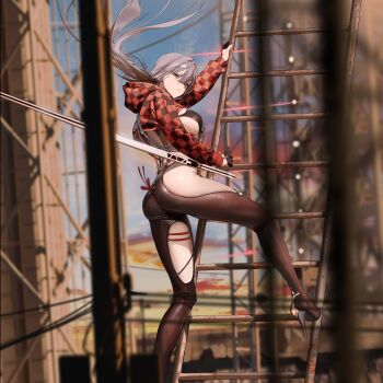 1girl ass black_bra blurry blurry_background blurry_foreground bra breasts checkered_clothes clothing_cutout crossover depth_of_field evening gloves goddess_of_victory:_nikke grey_hair hair_intakes half_gloves high_heels highres hip_vent hood long_hair long_sleeves looking_at_viewer official_alternate_costume official_art on_ladder outdoors pants racer&#039;s_high_(stellar_blade) scarlet_(nikke) scarlet_(racer&#039;s_high)_(nikke) sideboob skin_tight solo stellar_blade sword thigh_cutout thighs third-party_source underwear weapon