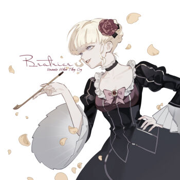 1girl beatrice_(umineko) black_dress blonde_hair character_name copyright_name dress falling_petals flower frilled_dress frills hair_flower hair_ornament hand_on_own_hip holding holding_smoking_pipe lilith-lily looking_ahead petals red_flower red_rose rose simple_background smile smoking_pipe solo umineko_no_naku_koro_ni white_background yellow_petals