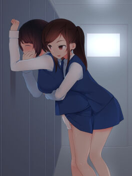 Rule 34 | 2girls, blue skirt, blush, closed eyes, covering own mouth, fingering, hand in panties, haru nagoya, highres, indoors, multiple girls, office lady, original, panties, skirt, sweat, underwear, white panties, yuri