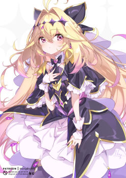 Rule 34 | 1girl, antenna hair, black dress, blonde hair, blush, bow, breasts, brooch, commentary request, cure arcana shadow, diamond hairband, dress, earrings, forehead jewel, hair intakes, hair ribbon, highres, hong (white spider), jewelry, long hair, looking at viewer, magical girl, meitantei precure!, moria luluka, pink eyes, precure, purple thighhighs, purple veil, ribbon, small breasts, solo, thighhighs, two-tone dress, veil, white dress, wrist cuffs