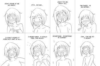 1girl aftersex blush comic english_text female_focus greyscale highres implied_sex lunarisaileron monochrome nude ruby_rose rwby sequential short_hair solo text_focus upper_body