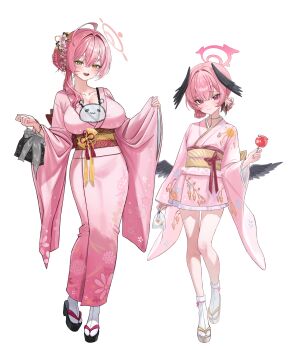 2girls absurdres ahoge alternate_costume bare_legs black_wings blue_archive blush breasts candy_apple collarbone commentary_request double_bun feathered_wings fingernails flat_chest flower food full_body hair_between_eyes hair_bun hair_flower hair_ornament halo hanako_(blue_archive) head_wings highres holding holding_candy_apple holding_food japanese_clothes kimono koharu_(blue_archive) large_breasts long_sleeves looking_at_viewer matching_outfits multiple_girls obi pink_hair pink_kimono sandals sash simple_background smile socks tabi white_background white_socks wide_sleeves wings yamu_(yamu_030) zouri
