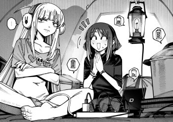 ... 2girls ahoge annoyed barefoot battery_indicator blush bracelet camping charging_device cho_kaguya-hime! closed_eyes collarbone commentary_request computer cooking_pot crossed_arms crossed_legs earmuffs facing_another highres jewelry kaguya_(cho_kaguya-hime!) lamp laptop long_hair medium_hair midriff mole mole_under_eye multiple_girls open_mouth own_hands_together panties_around_one_ankle power_strip sakayori_iroha short_sleeves sitting spoken_ellipsis tent tent_interior watch wristwatch xiaoju_xiaojie