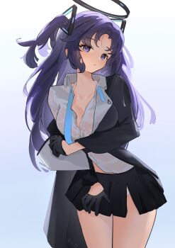 1girl absurdres andersonalac black_skirt blue_archive blue_necktie blush breasts collared_shirt formal_clothes halo highres jacket long_sleeves looking_at_viewer medium_breasts miniskirt necktie off_shoulder open_clothes open_jacket open_shirt parted_bangs pleated_skirt purple_eyes purple_hair shirt sidelocks simple_background skirt solo suit thick_thighs thighs two-sided_fabric two-sided_jacket two_side_up unbuttoned unbuttoned_shirt underwear white_shirt yuuka_(blue_archive)