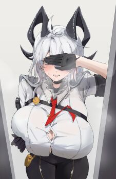 1girl absurdres alternate_breast_size_(larger) arm_pouch armband black_armband black_choker black_gloves black_horns black_pants blush bra_visible_through_clothes breasts breath button_gap chest_harness choker collared_shirt commentary_request covering_own_eyes curled_horns earrings gloves hair_between_eyes harness highres horns huge_breasts jewelry key_earrings medium_hair multicolored_hair necktie paid_reward_available pants parted_lips pouch red_eyes red_necktie s4ika shirt solo streaked_hair tight_clothes white_shirt wuthering_waves zani_(wuthering_waves)
