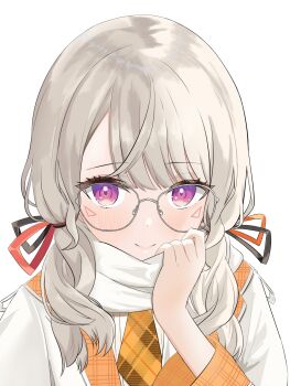 1girl absurdres blazer facial_mark glasses grey_hair hair_ribbon highres jacket komori_met komori_met_(6th_costume) looking_at_viewer low_twintails mea_mememea necktie orange_necktie parted_bangs pink_eyes plaid_clothes plaid_necktie portrait ribbon scarf simple_background solo twintails virtual_youtuber vspo! white_background white_jacket white_scarf