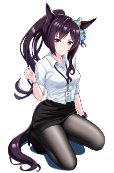1girl absurdres alternate_costume alternate_hairstyle animal_ears black_hair black_pantyhose black_skirt black_tail breasts closed_mouth collared_shirt commentary_request ear_ornament hand_up highres hinoaki horse_ears horse_girl horse_tail lanyard long_hair medium_breasts mejiro_dober_(umamusume) miniskirt office_lady pantyhose pencil_skirt ponytail purple_eyes scrunchie shirt skirt squatting tail umamusume white_shirt wrist_scrunchie