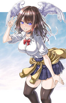 1girl absurdres alternate_costume black_choker black_thighhighs blue_skirt bow bowtie breasts brown_hair cardigan cardigan_around_waist choker clothes_around_waist collared_shirt commentary_request contemporary eunie_(xenoblade) feathered_wings feet_out_of_frame grin hand_up head_wings highres large_breasts looking_at_viewer medium_hair outline pleated_skirt purple_eyes red_bow red_bowtie school_uniform shirt skirt smile solo thighhighs v wade_(njud8343) white_outline white_shirt white_wings wings xenoblade_chronicles_(series) xenoblade_chronicles_3 yellow_cardigan