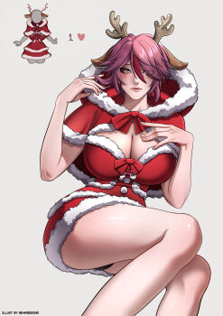 1girl absurdres alternate_costume animal_ears artist_name bearseeking black_panties bow breasts capelet cleavage closed_mouth commentary dress dress_bow fake_animal_ears fake_antlers feet_out_of_frame fur-trimmed_capelet fur-trimmed_dress fur-trimmed_hood fur_trim genshin_impact grey_background hair_between_eyes hair_over_one_eye hand_in_own_hair hand_on_own_chest hand_up highres hood hooded_capelet large_breasts looking_at_viewer multicolored_hair panties pantyshot purple_eyes purple_hair red_bow red_capelet red_dress red_streaks rosaria_(genshin_impact) santa_costume santa_dress short_hair simple_background sitting solo streaked_hair twitter_strip_game underwear