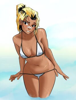 1girl bandaid bandaid_on_face bandaid_on_nose beck_shiloh bikini bikini_bottom_pull black_eyes black_hair blonde_hair breasts clothes_pull commentary covered_erect_nipples cross_scar dark-skinned_female dark_skin english_commentary high_ponytail highres light_blush medium_breasts multicolored_hair multiple_scars navel ponytail rumble_after_dark scar scar_on_leg scar_on_shoulder scar_on_stomach smile solo spicymancer streaked_hair sweatdrop swimsuit two-tone_hair wading white_bikini