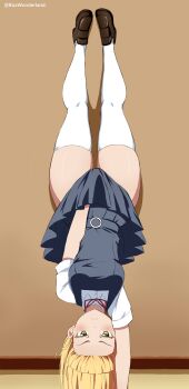 1girl absurdres blonde_hair box_wonderland breasts closed_mouth covering_crotch covering_privates dress frown full_body green_eyes handstand heanna_sumire highres long_hair looking_at_viewer love_live! love_live!_superstar!! lycoris_challenge_(meme) lycoris_recoil medium_breasts meme one_arm_handstand parody pinafore_dress scene_reference school_uniform serafuku shoes short_sleeves skindentation skirt skirt_tug sleeveless sleeveless_dress solo thighhighs thighs upside-down white_thighhighs yuigaoka_school_uniform