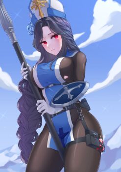 1girl absurdres arm_shield black_hair blue_tabard bodystocking braid braided_ponytail breasts commentary_request cowboy_shot doma_shin from_below goddess_of_victory:_nikke hat highres holding holding_polearm holding_weapon holster ice_flower large_breasts long_hair looking_at_viewer maiden_(ice_rose)_(nikke) maiden_(nikke) mountainous_horizon official_alternate_costume outdoors pelvic_curtain polearm potion red_eyes sideboob solo tabard thigh_holster torn_bodystocking torn_clothes very_long_hair weapon white_hat