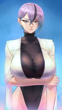 1girl arm_under_breasts artist_name black_choker black_hair blue_background blue_eyes blue_hair bra_visible_through_clothes breasts choker covered_navel cropped_jacket crossed_bangs earrings expressionless gabriel_carrasquillo gradient_hair hair_behind_ear hair_between_eyes heattech_leotard highres holding_own_arm jacket jewelry large_breasts leotard looking_at_viewer multicolored_hair original purple_hair short_hair single_earring solo streaked_hair taut_leotard turtleneck upper_body white_jacket