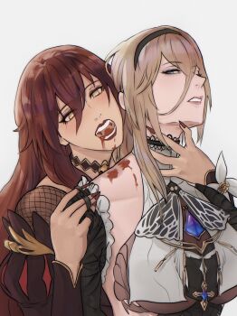 2girls aponia bare_shoulders bite_mark bite_mark_on_shoulder black_dress blonde_hair blood blood_in_mouth blue_eyes breast_curtains breasts brown_hair commentary dress eden_(honkai_impact) english_commentary farcicalhelix highres honkai_(series) honkai_impact_3rd large_breasts long_hair multiple_girls nun open_mouth simple_background underboob vampire very_long_hair white_background yellow_eyes yuri