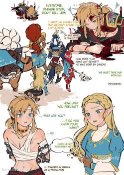 1boy 1girl 3boys 3girls alternate_universe armor arms_behind_back arrow_(projectile) arrow_in_body bandaged_chest bandaged_head bandages bird_boy blonde_hair blood blood_on_face blue_eyes blue_shirt blush braid breasts brown_gloves chain chained clenched_teeth crown_braid daruk english_text fingerless_gloves fish_girl furrowed_brow gerudo gloves goron green_eyes hazeleafyy injury juliet_sleeves link long_sleeves low_ponytail medium_breasts mipha multi-tied_hair multiple_boys multiple_girls nintendo one_eye_closed parted_bangs pendant_choker pointy_ears ponytail princess_zelda puffy_sleeves red_hair restrained revali rito shirt shoulder_armor sidelocks sitting talking teeth the_legend_of_zelda the_legend_of_zelda:_breath_of_the_wild urbosa white_hair zora