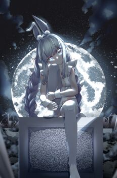 +_+ 1girl absurdres ahoge animal_ears azur_lane backlighting blue_eyes braid breasts commentary expressionless fake_animal_ears glowing glowing_eyes head_rest head_tilt highres kemonomimi_mode knee_up le_malin_(azur_lane) le_malin_(listless_lapin)_(azur_lane) long_hair looking_at_viewer low_twin_braids moon night no_shoes official_alternate_costume pantyhose playboy_bunny rabbit_ears ruins sidelocks silver_hair sitting sky sleeveless small_breasts solo star_(sky) starry_sky static suzu_(user_kdex8732) television twin_braids white_pantyhose wrist_cuffs