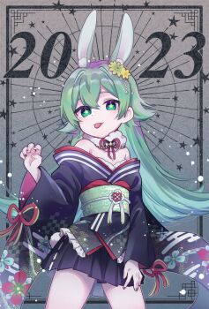 Rule 34 | 1girl, 2023, animal ears, bare shoulders, black kimono, black skirt, commentary request, cowboy shot, double-parted bangs, green eyes, green hair, grey background, hair between eyes, hand up, highres, japanese clothes, kemonomimi mode, kimono, kimono partially removed, long hair, long sleeves, looking at viewer, miniskirt, namin (namin star), nanase (namin), original, rabbit ears, rabbit girl, short kimono, skirt, smile, solo, star-shaped pupils, star (symbol), symbol-shaped pupils, tongue, tongue out, wide sleeves