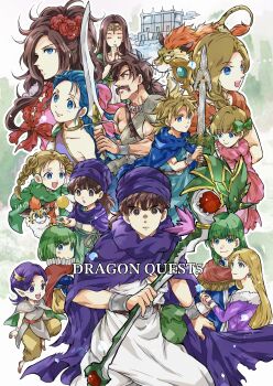 6+boys 6+girls absurdres age_progression armor bella_(dq5) bianca_(dq5) blue_eyes borongo bow braid brother_and_sister brown_eyes brown_hair circlet cloak closed_eyes commentary_request copyright_name couple deborah_(dq5) dragon_quest dragon_quest_v dress facial_hair flora_(dq5) flower gold_choker great_sabrecat great_sabrecub green_bow green_cloak green_hair hair_bow hair_flower hair_ornament hair_over_shoulder hair_ribbon headscarf henry_(dq5) hero's_daughter_(dq5) hero's_son_(dq5) hero_(dq5) hetero highres holding holding_hands holding_staff holding_sword holding_weapon isa_(chiyo-s) low_ponytail mamas maria_(dq5) martha_(dq5) multiple_boys multiple_girls mustache open_mouth orange_cloak orange_dress pants papas pauldrons pink_cloak pink_dress pink_ribbon pointy_ears ponytail purple_cloak purple_dress purple_eyes purple_hair purple_scarf red_cloak red_flower ribbon scarf shoulder_armor siblings single_braid single_pauldron sisters smile staff sword tunic twin_braids weapon white_tunic yellow_pants