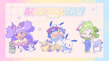 1girl 2boys :d ;) ash_ketchum axew black_hair blue_hoodie blush_stickers bow bowtie brown_eyes chibi chibi_only cilan_(pokemon) closed_mouth commentary_request dark-skinned_female dark_skin dress full_body gen_1_pokemon gen_5_pokemon green_bow green_bowtie green_hair grid_background hat hood hood_down hoodie iris_(pokemon) kuromi leggings long_hair long_sleeves looking_at_viewer multiple_boys nintendo one_eye_closed onegai_my_melody open_mouth pansage pikachu pochacco pokemon pokemon_(anime) pokemon_(creature) pokemon_bw_(anime) purple_hair red_eyes sanrio serizawa_serizane short_hair short_sleeves smile standing standing_on_one_leg tuxedo_sam white_hat white_leggings yellow_dress