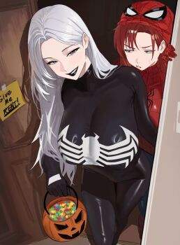 2girls black_lips blue_eyes breasts candy commentary english_commentary english_text food from_above hair_behind_ear halloween_bucket halloween_costume highres large_breasts long_hair marvel mask_up mugi_(mugit49) multiple_girls open_door skin_tight smile spider-man spider-man_(series) sticky_note tape venom_(marvel) white_hair