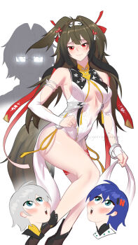 2boys 2girls :3 absurdres ahoge armlet bare_shoulders behind_another belle_(delicate_sunlight)_(zenless_zone_zero) belle_(zenless_zone_zero) blue_hair blush bracelet breasts brown_tail china_dress chinese_clothes closed_mouth clover clover_hair_ornament commentary covered_navel dress droopy_ears english_commentary glasses glowing_glasses green_eyes grey_hair hair_between_eyes hair_ornament hairband highres jewelry leg_tattoo letter_hair_ornament long_hair looking_at_viewer looking_up medium_breasts metal_bracelet multiple_boys multiple_girls official_alternate_costume open_mouth red_eyes scrapy_(greenyscrapy) see-through_clothes short_hair silver_armlet silver_bracelet simple_background tail tattoo thighs twitter_username very_long_hair white_background white_dress white_hairband wise_(soaring_crane)_(zenless_zone_zero) wise_(zenless_zone_zero) ye_shiyuan ye_shunguang zenless_zone_zero