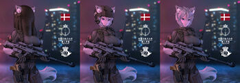 1girl animal_ear_fluff animal_ears anti-materiel_rifle borrowed_character breasts building bullpup cat_ears cat_tail city danish_flag earmuffs extra_ears fang_zhenjun flag fn_herstal fnp-45 fnx-45 fnx-45_tactical gepard_gm6_lynx gloves grey_hair gun handgun headset helmet highres holding holding_gun holding_weapon holster looking_at_viewer medium_breasts military military_uniform night original pistol purple_eyes rifle semi-automatic_rifle sero_international_kft short_hair skyscraper slit_pupils sniper_rifle tail walkie-talkie weapon white_hair