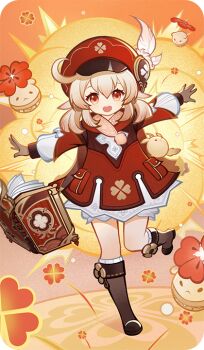 1girl bad_source blonde_hair boots brown_boots brown_gloves dodoco_(genshin_impact) dress explosion genshin_impact gloves hat hat_feather klee_(genshin_impact) long_sleeves looking_at_viewer medium_hair official_art pointy_ears red_dress red_eyes red_hat socks solo standing standing_on_one_leg teeth upper_teeth_only white_socks