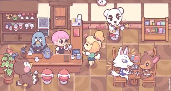 Rule 34 | 1boy, 1girl, analog clock, animal crossing, artist name, black bow, blathers (animal crossing), bow, brewster (animal crossing), cash register, chair, character request, clock, coffee, coffee mug, commentary, cup, dog girl, door, facial hair, fauna (animal crossing), furry, furry female, furry male, highres, indoors, isabelle (animal crossing), k.k. slider (animal crossing), looking at another, mug, mustache, nintendo, pink hair, sarah dandh, short hair, sitting, standing, stool, table, teapot, villager (animal crossing), whitney (animal crossing)