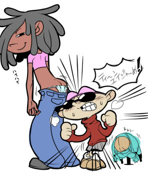 1girl 2boys ass blush butt_crack cartoon_network codename:_kids_next_door cree_lincoln dark_skin dreadlocks hair_over_one_eye mooning multiple_boys numbuh_1 panties pantyshot revealing_clothes simple_background size_difference smile sunglasses translated underwear white_background