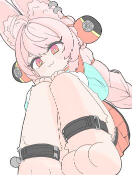 1girl :3 absurdres ahoge animal_ear_fluff animal_ear_piercing animal_ears animal_feet anklet blue_eyes braid braided_twintails bright_pupils closed_mouth commentary_request from_below furry furry_female green_shirt hair_intakes hands_on_own_knees highres jewelry long_hair neko_t_chan pink_fur pink_hair rabbit_ears rabbit_girl red_eyes screw shirt short_eyebrows simple_background smile solo squatting thick_eyebrows white_background white_pupils zenless_zone_zero zhao_(zenless_zone_zero)