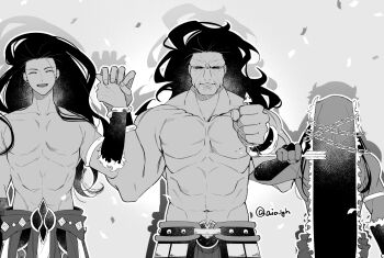 3boys abs aio_yh alcides_(fate) artist_name before_and_after commentary_request fate/strange_fake fate_(series) heracles_(fate) large_pectorals long_hair male_focus multiple_boys muscular muscular_male pectorals signature topless_male twitter_username