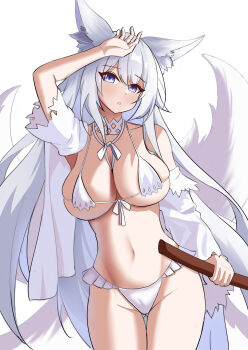 1girl absurdres animal_ear_fluff animal_ears azur_lane bikini breasts cleavage commentary_request cowboy_shot fox_ears fox_girl fox_tail highres kitsune kyuubi large_breasts large_tail long_hair looking_at_viewer multiple_tails navel official_alternate_costume purple_eyes shinano_(azur_lane) shinano_(dreamy_white_sands)_(azur_lane) simple_background skindentation solo suan_latang swimsuit tail very_long_hair white_background white_bikini white_hair white_tail