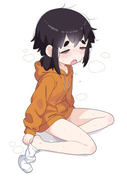 1girl absurdres barefoot black_hair closed_eyes commentary feet highres hood hoodie leims_(urje8584) open_mouth orange_hoodie original sitting socks solo white_background white_socks