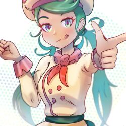 Rule 34 | 1girl, :q, breasts, creatures (company), game freak, green eyes, green hair, hat, long hair, long sleeves, mallow (palentine&#039;s 2023) (pokemon), mallow (pokemon), medium breasts, neaghelly stn, nintendo, pokemon, pokemon (game), pokemon masters ex, pokemon sm, tongue, tongue out, twintails