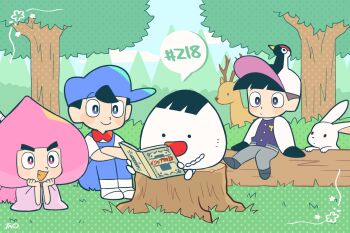 Rule 34 | 3boys, black hair, blue hat, bow, bowtie, character request, deer, fallen tree, food, fruit, hat, jacket, letterman jacket, lying, male focus, multiple boys, on stomach, open mouth, outdoors, peach, reading, red bow, red bowtie, seizei ganbare! mahou shoujo kurumi, sitting, on tree stump, smile, speech bubble, tree, tsunoji, white rabbit (animal)