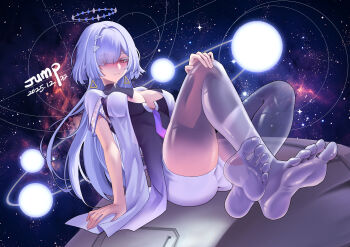 1girl absurdres artist_name barefoot blush breasts cleavage closed_mouth colored_eyelashes commentary crossed_ankles dated dress earrings feet grey_hair grey_shorts halo highres huahuaren_jump jacket jewelry long_hair looking_at_viewer medium_breasts mornye_(wuthering_waves) purple_dress red_eyes see-through_body shorts sitting sky smile soles solo space star_(sky) starry_sky toes triangle_earrings white_jacket wuthering_waves