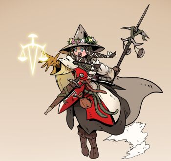 Rule 34 | armor, balance scale print, belt, braid, brown hair, flora sister (ironlily), flower, gambeson, gloves, head wreath, helmet, highres, holding, holding polearm, holding weapon, kabewski, long hair, medieval, ordo mediare sisters (ironlily), polearm, scabbard, sheath, sheathed, sigil, surcoat, sword, weapon, weighing scale