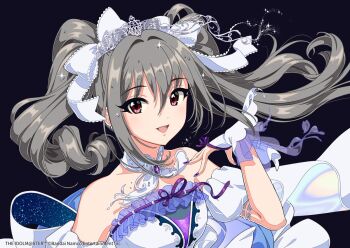 1girl bare_shoulders dress grey_hair hair_ribbon idolmaster idolmaster_cinderella_girls kanzaki_ranko kisumi_rei long_hair looking_at_viewer official_art open_mouth red_eyes ribbon smile solo tiara twintails upper_body