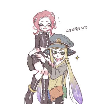 2girls :d :| ^_^ agent_3_(splatoon) agent_8_(splatoon) aqua_eyes black_footwear black_skirt blonde_hair boots captain_3_(splatoon) carrying carrying_person chinese_commentary chinese_text closed_eyes closed_mouth crop_top fang gradient_hair gucandiyi52092 hat headgear highres inkling inkling_girl inkling_player_character layered_sleeves long_sleeves medium_hair miniskirt multicolored_hair multiple_girls nintendo octoling octoling_girl octoling_player_character open_mouth patchwork_clothes peaked_cap pink_hair poncho purple_hair simple_background single_sleeve skirt smile sparkle splatoon_(series) splatoon_2 splatoon_2:_octo_expansion splatoon_3 standing suction_cups tentacle_hair two-tone_hair white_background zipper